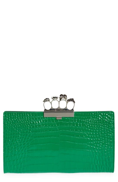 Alexander Mcqueen Jewelled Four-ring Croc Embossed Patent Leather Clutch In 3510 Bright Green
