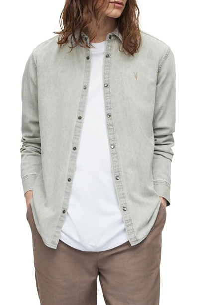 Allsaints Gleason Chambray Snap-up Shirt In Gray