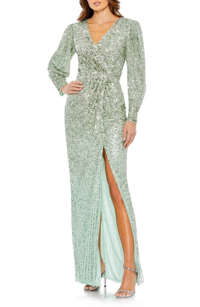 Mac Duggal Sequin Wrap Bodice Long Sleeve Gown In Seafoam