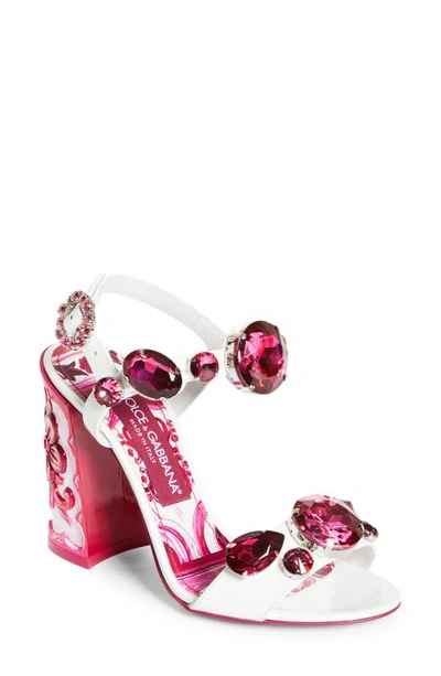 Dolce & Gabbana Jeweled Tile-print Patent Leather Sandals In White_fuchsia