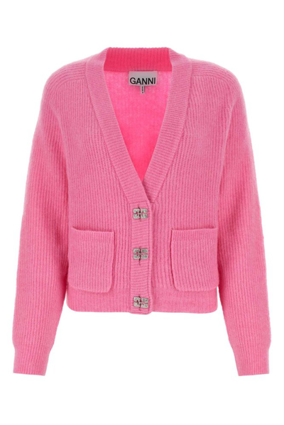 Ganni Butterfly-button Cardigan In Pink