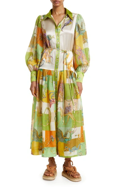Alemais Jerome Tie Waist Silk & Ramie Shirtdress In Green Multi | ModeSens
