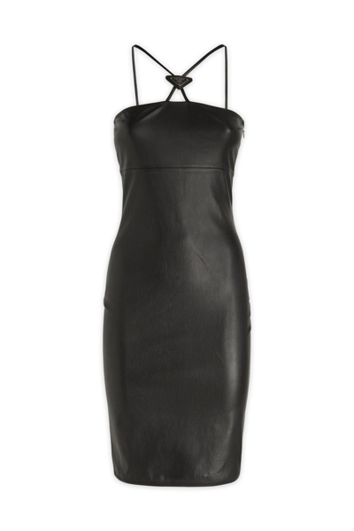 Prada Logo Plaque Halter Leather Dress Female Black