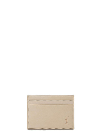 Saint Laurent Debossed Logo Cardholder Male Beige In Cream