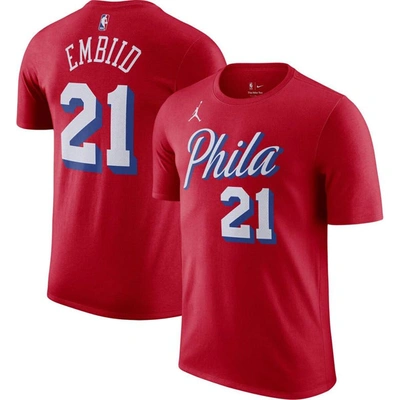 Jordan Brand Joel Embiid Red Philadelphia 76ers 2022/23 Statement Edition Name & Number T-shirt