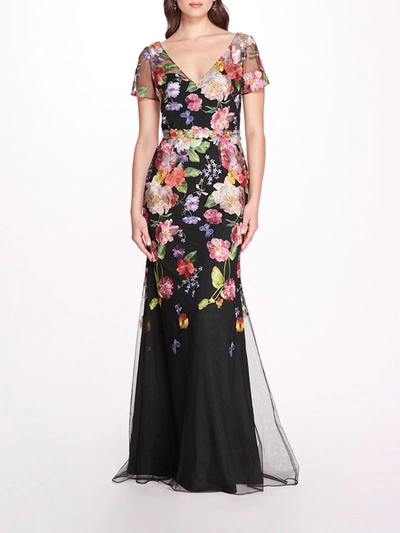 Marchesa Embroidered Floral V-neck Short Sleeved Gown In Black Pink