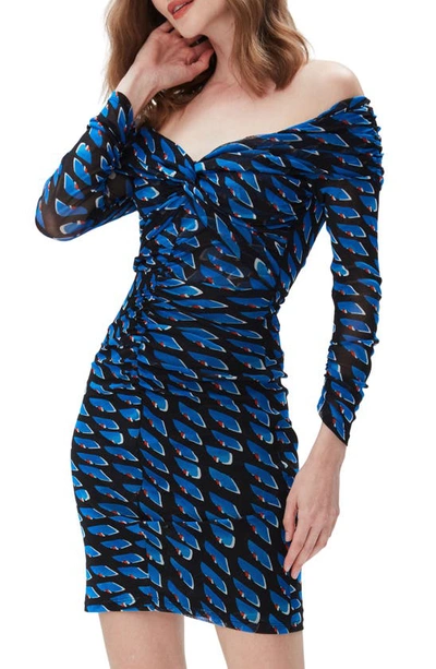 Diane Von Furstenberg Ganesa Off-the-shoulder Printed Mesh Mini Dress In Navy