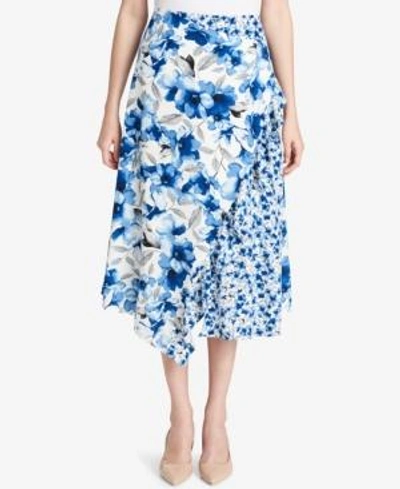 Calvin Klein Floral Ruffled Handkerchief Midi Skirt In Regatta Blue