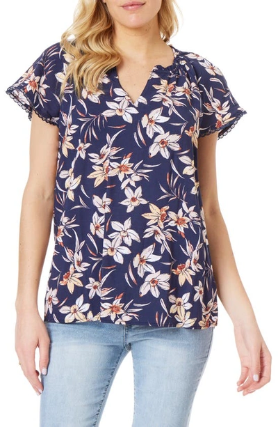 C&c California Aileen Floral Short Sleeve Blouse In Mood Indigo