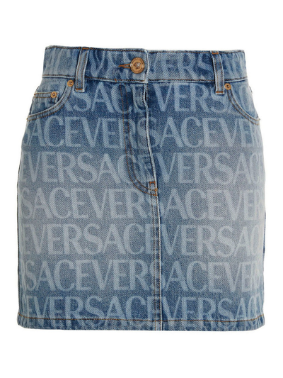 Versace Logo Denim Skirt In Light Blue