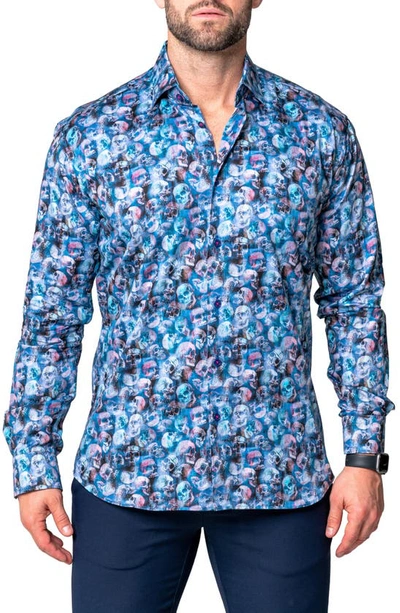 Maceoo Fibonacci Skelz Regular Fit Cotton Blend Button-up Shirt In Turquoise Multi