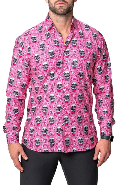 Maceoo Fibonacci Skull Sonic Regular Fit Cotton Blend Button-up Shirt In Red