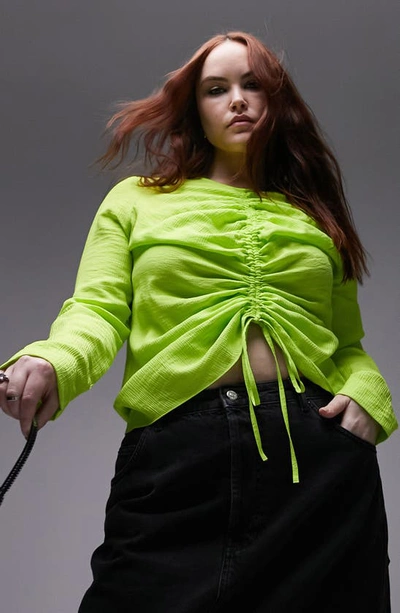 Topshop Long Sleeve Ruched Front Top In Lime-green