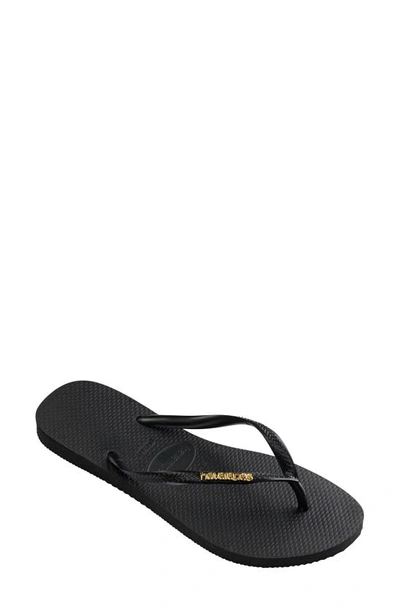 Havaianas Slim Logo Metallic Flip Flop In Black/golden