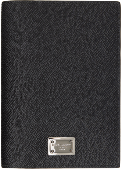 Dolce & Gabbana Calfskin Passport Holder With Logo Tag In Black