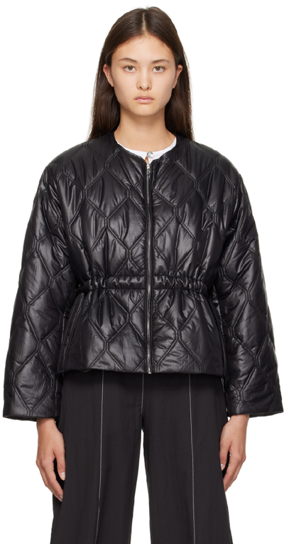 Ganni Short Black Down Jacket With Tie Sides In Recycled Nylon Woman