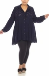 Boho Me Embroidered Eyelet Button-up Tunic Top In Navy