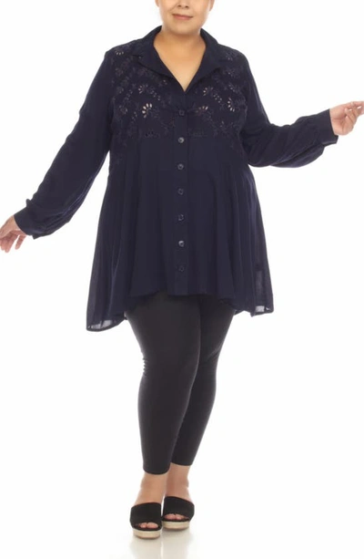 Boho Me Embroidered Eyelet Button-up Tunic Top In Navy