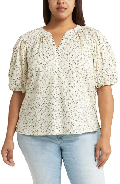 Vince Camuto Floral Print Metallic Puff Sleeve Blouse In Birch