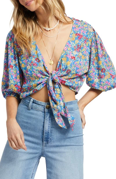 Billabong As You Wish Floral Tie Front Crop Blouse In Seaside