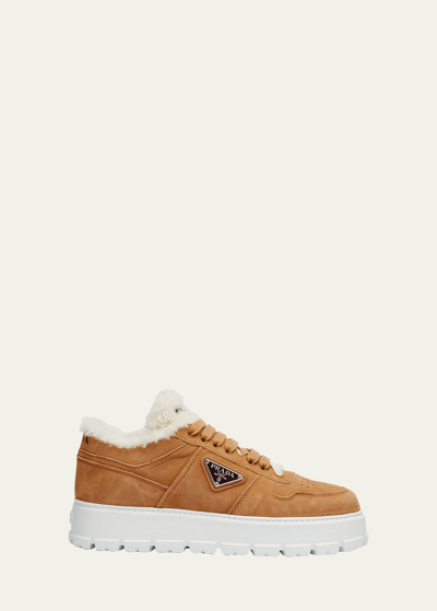 Prada Suede Shearling Platform Sneakers In Tan