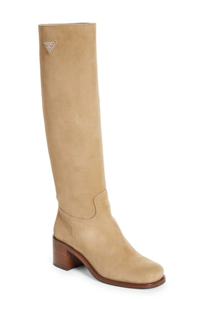 Prada Suede Block-heel Knee Boots In Ecru
