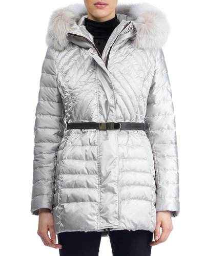 Gorski Apres-ski Hooded Quilted Puffer Jacket With Fox Fur Trim In Silver