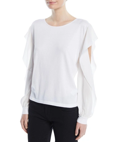 Agnona Round-neck Ruffled Long-sleeve Silk-cotton Knit Top In White