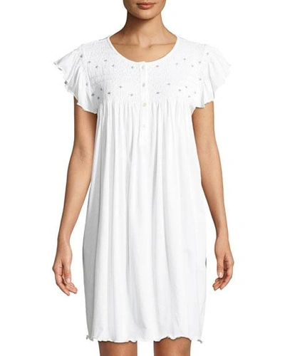 P Jamas Marta Cap-sleeve Smocked Nightgown In White/blue