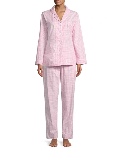 P Jamas Checks Poplin Long-sleeve Pajama Set, White/pink