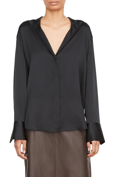 Vince Long-sleeve Stand Collar Silk Blouse In Black