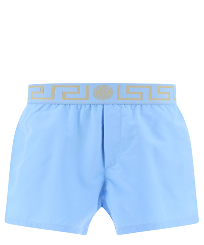 Versace Greca Waistband Swim Shorts In Sky Blue