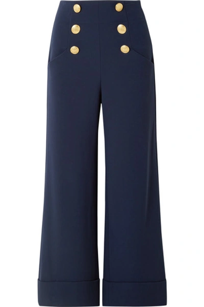 Alice And Olivia Ferris Button-embellished Jersey Wide-leg Pants In Navy
