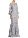 Teri Jon By Rickie Freeman Three-quarter Sleeve Lace Trumpet Gown In Silver