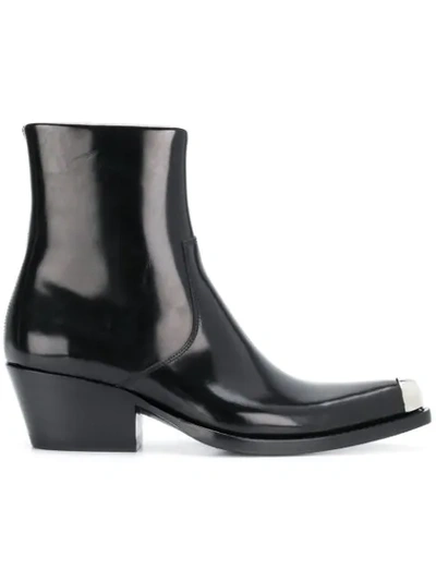 Calvin Klein 205w39nyc Tex Chiara Metal-trimmed Glossed-leather Ankle Boots In Black