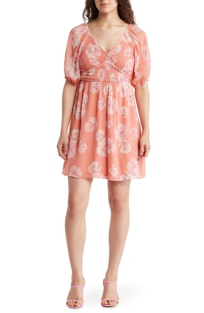 Collective Concepts Floral Smocked Puff Sleeve Dress In Mauve Pink