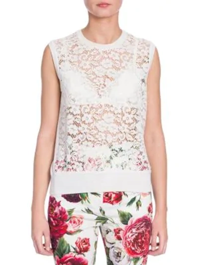 Dolce & Gabbana Sleeveless Rose-lace Front Knit Shell Top In White