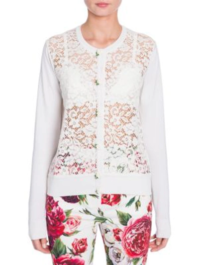 Dolce & Gabbana Long-sleeve Button-front Rose Lace Front Knit Cardigan In White