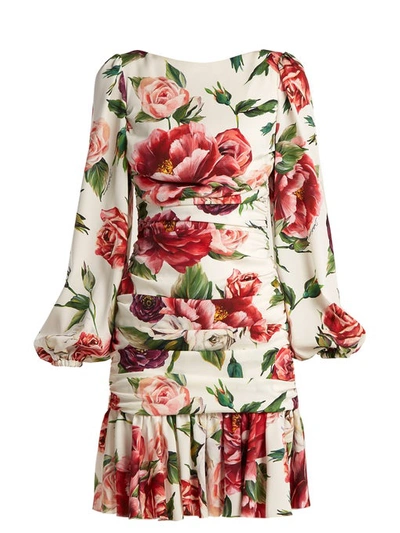 Dolce & Gabbana Charmeuse Stampa Peonie Full Sleeve Ruched Dress In Ivory Peony Print