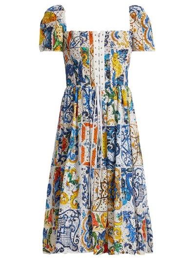 Dolce & Gabbana Majolica-print Cotton Broderie-anglaise Midi Dress In Majolica Print