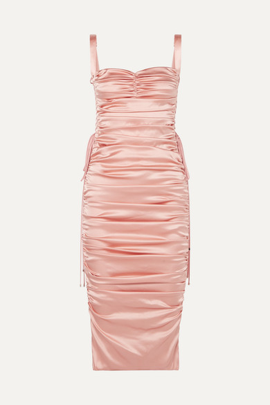 plum satin ruched lace up back midi dress