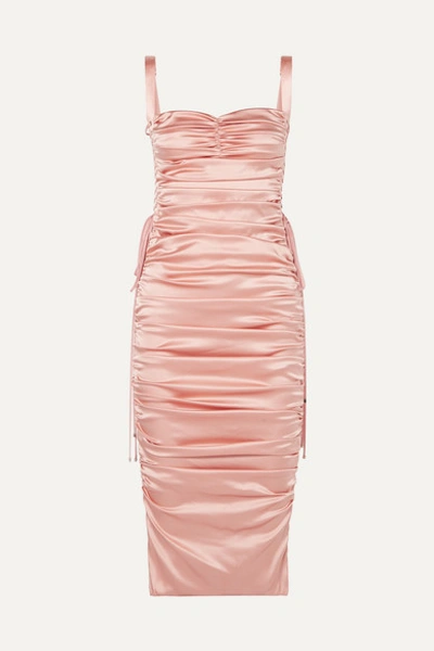 Dolce & Gabbana Lace-up Ruched Stretch-silk Satin Midi Dress In Pink