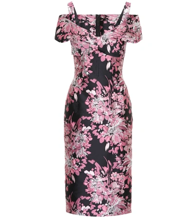 Dolce & Gabbana Cap-sleeve Rose-jacquard Mid-calf Cocktail Dress In Multicolor