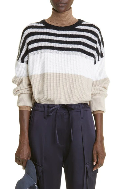 Brunello Cucinelli Long-sleeved Crewneck Sweater In Fine Wool, Cashmere And Silk With Striped Pattern. Exclusive Micro In Grey