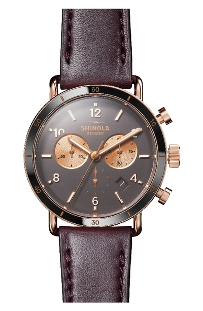Shinola Men's 40mm Canfield Sport Chronograph Watch With Brown Leather Strap In Aubergine/ Charcoal/ Rose Gold