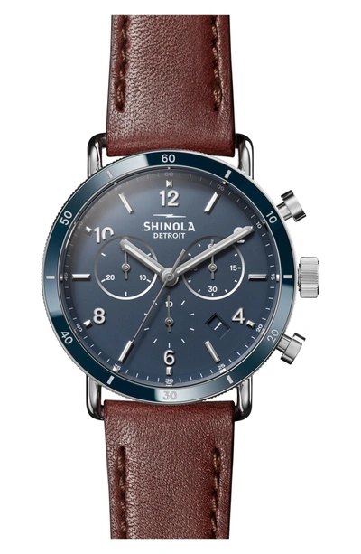 Shinola The Canfield Chrono Leather Strap Watch, 40mm In Dark Cognac/ Blue/ Silver
