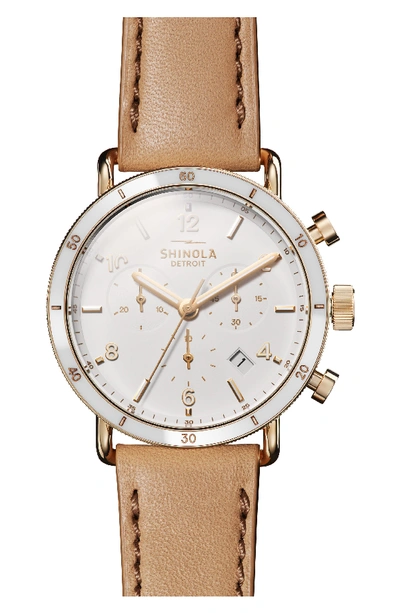 Shinola Canfield Sport 40mm 3-eye Chronograph Watch With Camel Leather Strap In Camel/ White/ Gold