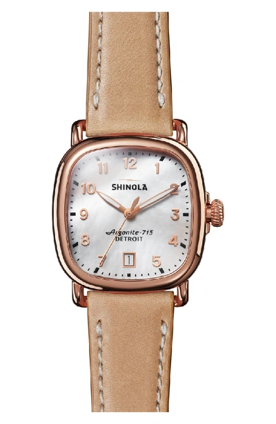 Shinola 36mm The Guardian Rose Golden Date Watch With Leather Strap In Natural/ Mop/ Rose Gold