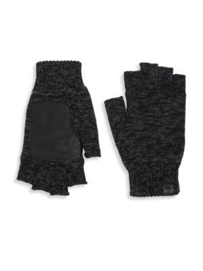 Bickley + Mitchell Leather Patch Wool Fingerless Gloves In Black