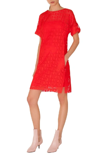 Akris Punto Boat-neck Elbow-sleeve Lace Dress With Pockets In Lipstick